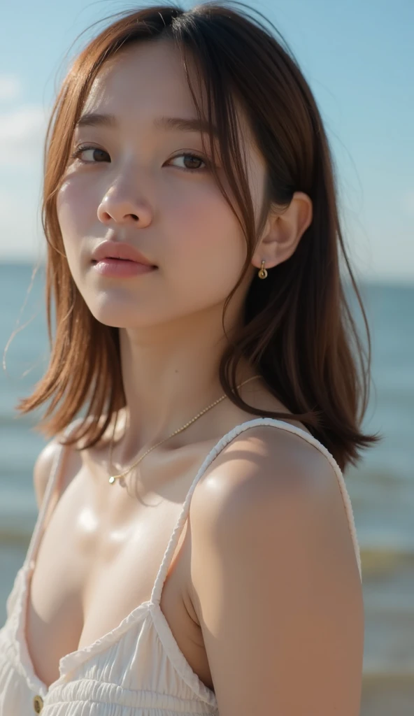 Model actress、One Woman、cool、Japanese and half European、Close-up of face、30 generation beauty、Realistic Skin、Seaside