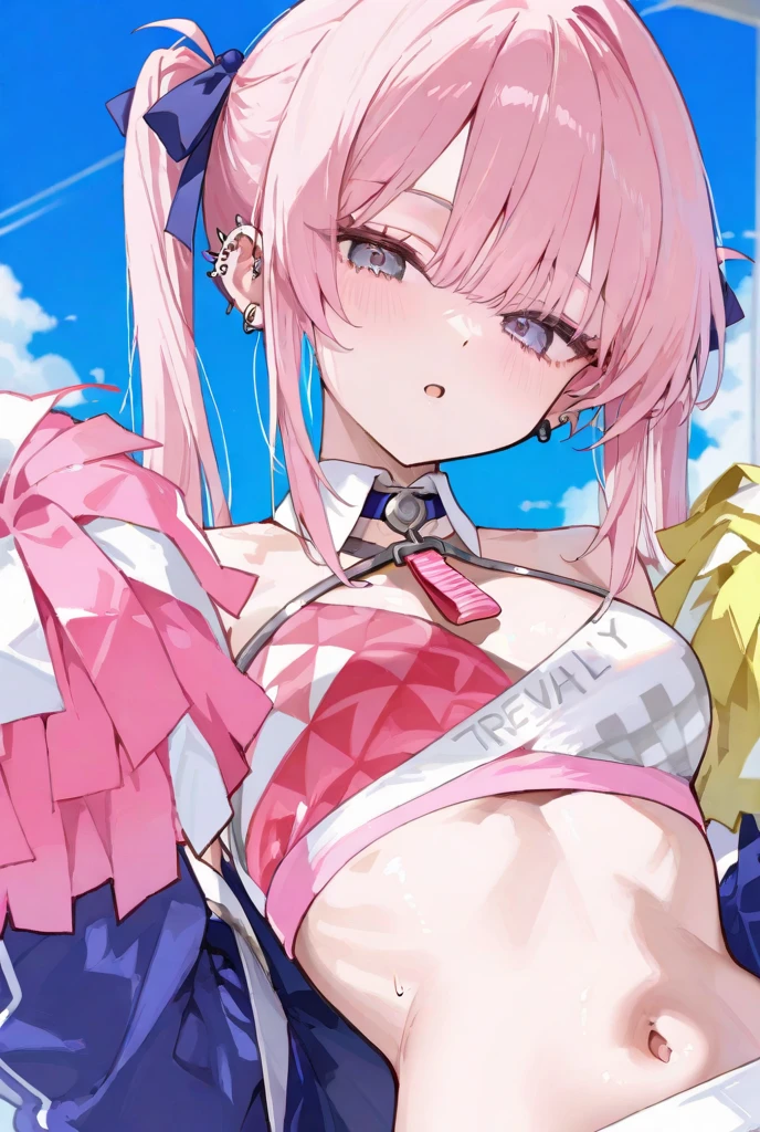 blue archive, mika (blue archive), kurumi lm, 1girl, angel wings, bare shoulders, blue sky, blush, breasts, cheerleader, cleavage, cloud, cloudy sky, cowboy shot, crescent, crescent pin, crescent print, crop top, feathered wings, halo, halterneck, holding, holding pom poms, large breasts, long hair, looking at viewer, low wings, millennium cheerleader outfit (blue archive), multicolored clothes, multicolored skirt, navel, one eye closed, open mouth, pink hair, pink halo, pink skirt, pom pom (cheerleading), ponytail, skirt, sky, smile, solo, stomach, thigh strap, thighs, white skirt, white wings, wing ornament, wings, yellow eyes <lora:HerrscherAGGA2023_Kuroboshi_Kouhaku_V2:0.9>