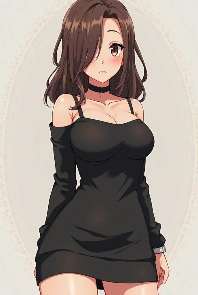 Anime cute of a female
With hair dark chestnut (a28172) long and waves 1b 1c 2a mix and no bangs, skin Rosy Brown (c69984), eyes bright rosy brown, dark red nails, C cup bust, thin very curve Hourglass shape body.
she is wearsing The black dress looks elegant luxuri and tight and sexy.
background is It is in a very luxurious area.
She is Turn head to look at front, hand hold a glass of dark wine, smirk sly.