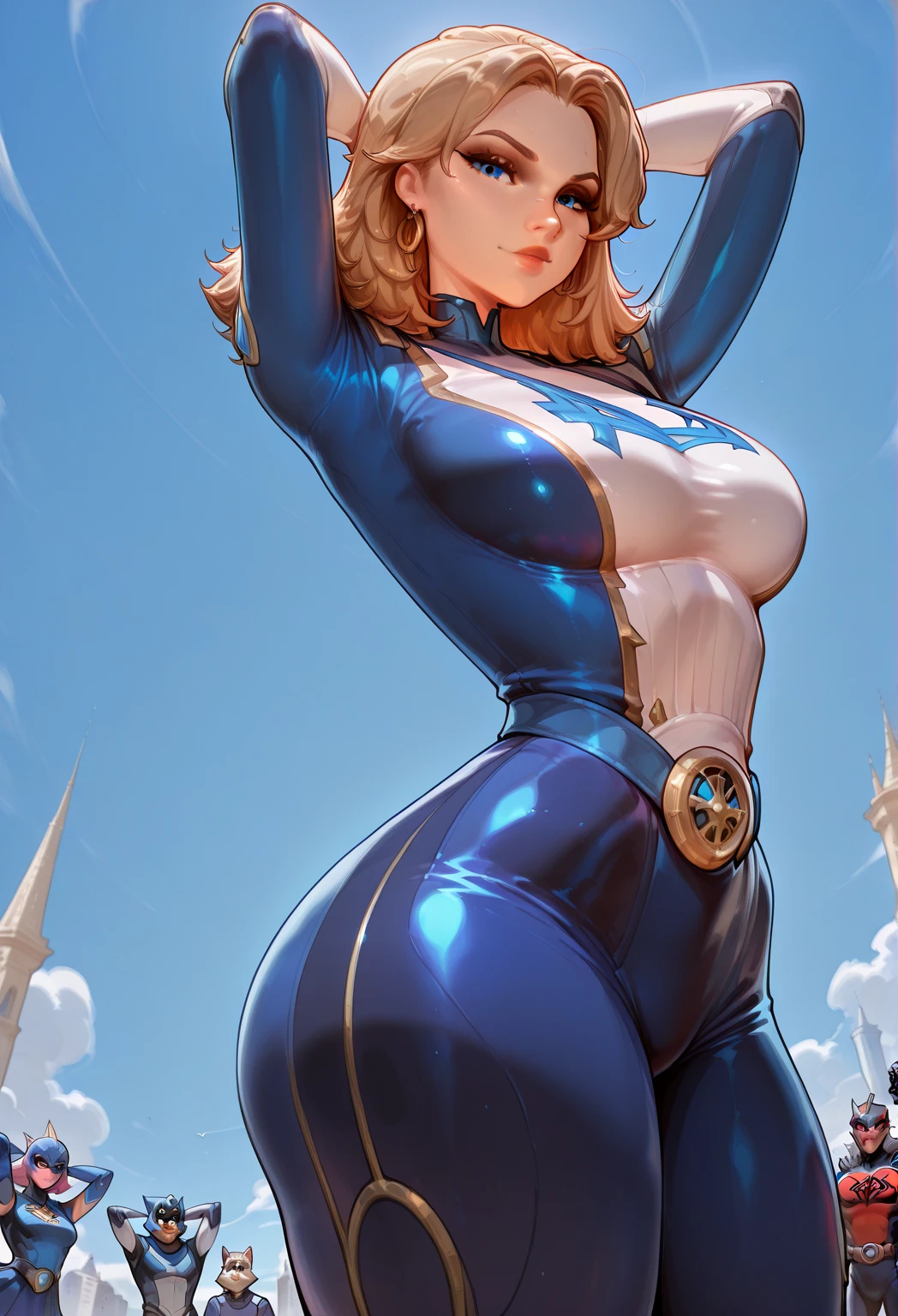 masterpiece, best quality, 1girl, syphabelnades, cowboy shot, solo, orange hair, blue eyes, smile, grey background, blue caplet, nudity, nude, large breasts, pussy, slutty, upper body focus, topless, nipples, NSFW, perfect hands