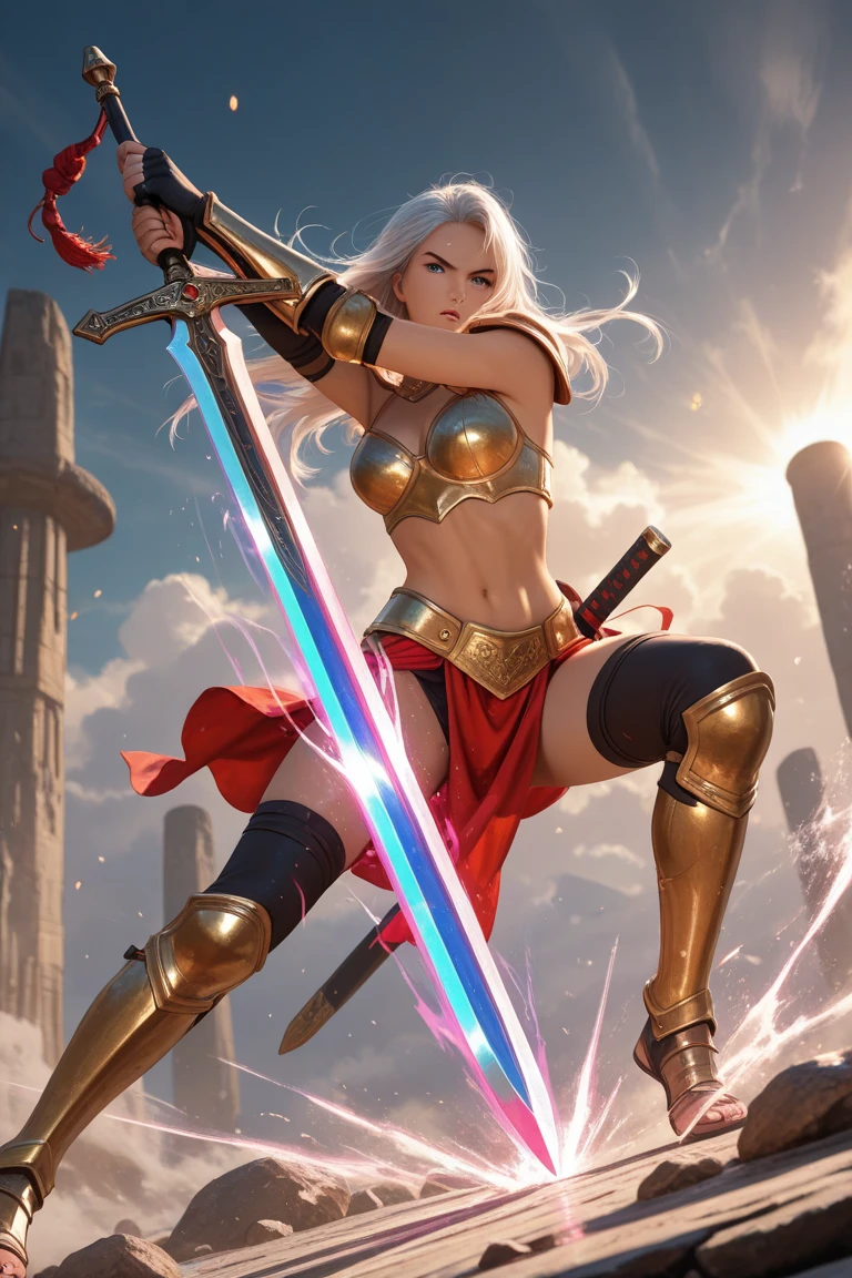 "General Eldon Luo Huan Broken Star，In the fierce battle of the Valkyries，Sand and gravel fly，smoke-filled，Swords interlaced，The burly Valkyrie leaps into the air。"，Valkyrie was stabbed in the navel with a knife
