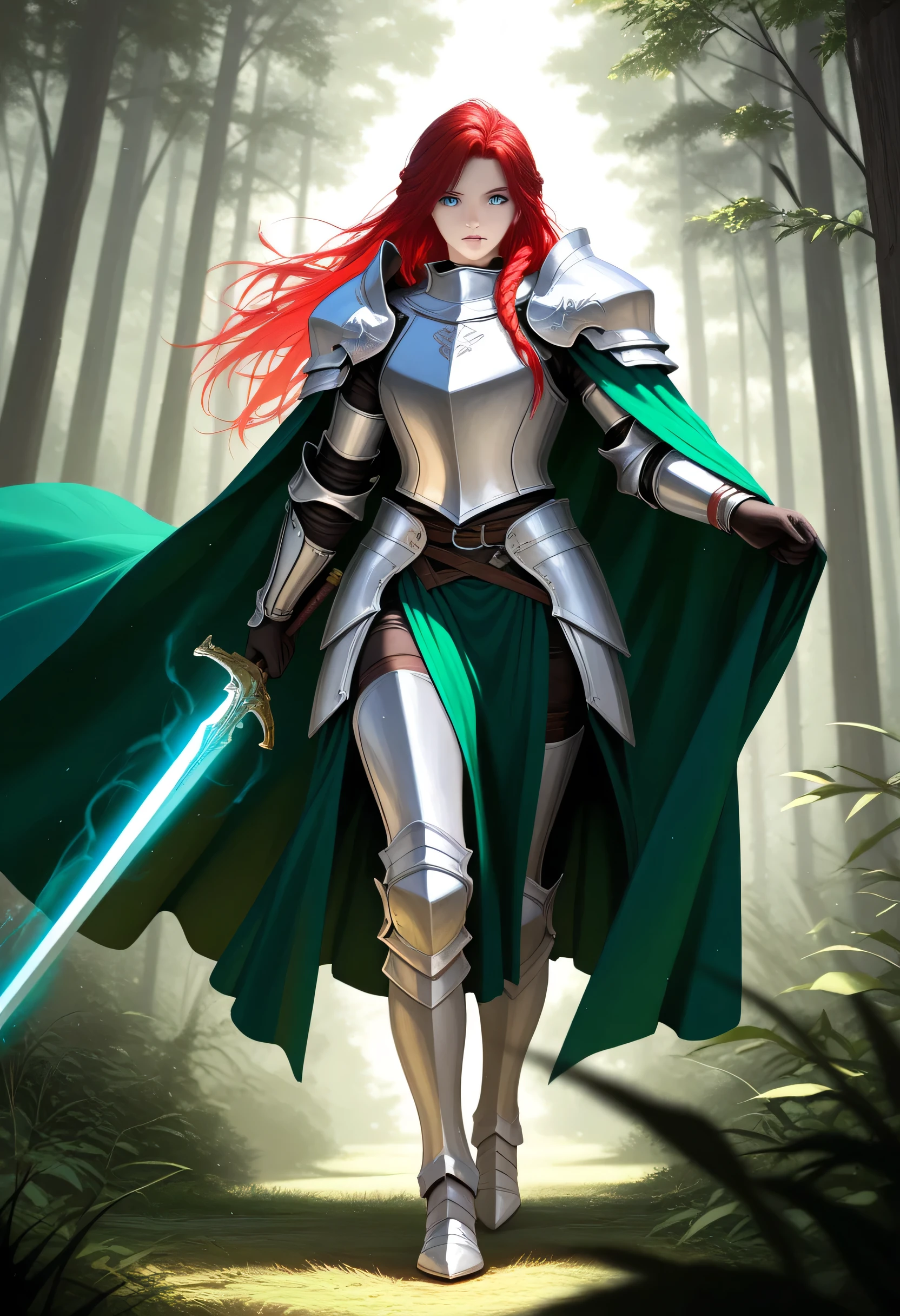 a picture of woman paladin of nature protecting the forest, controlling magical plants, woman holy knight, protector of nature, red hair, long hair, full body, ultra detailed face, red hair, long hair, braided hair, pale skin, blue eyes, intense eyes, wearying heavy armor, white armor, green cloak, flowing cloak, armed with a sword, glowing sword, fantasy forest background, D&D art, RPG art, magical atmosphere magic-fantasy-forest, ultra best realistic, best details, best quality, 16k, [ultra detailed], masterpiece, best quality, (extremely detailed), ultra wide shot, photorealism, depth of field, hyper realistic painting, Cinematic Shot, hyp3rd3tail style, fsstyle
