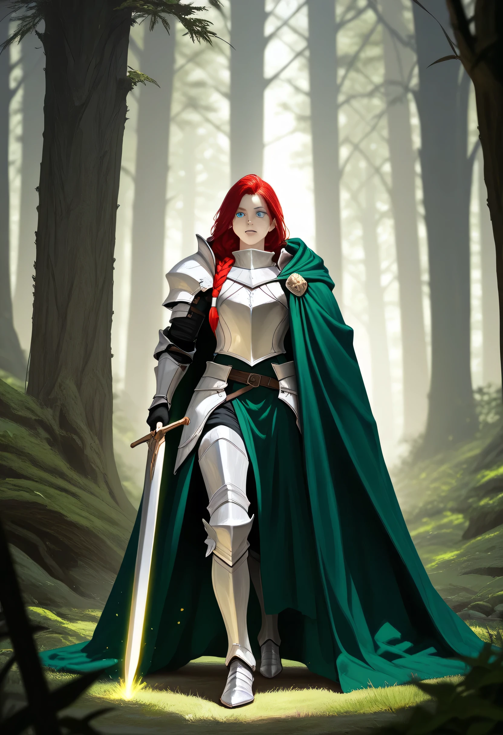 a picture of woman paladin of nature protecting the forest, controlling magical plants, woman holy knight, protector of nature, red hair, long hair, full body, ultra detailed face, red hair, long hair, braided hair, pale skin, blue eyes, intense eyes, wearying heavy armor, white armor, green cloak, flowing cloak, armed with a sword, glowing sword, fantasy forest background, D&D art, RPG art, magical atmosphere magic-fantasy-forest, ultra best realistic, best details, best quality, 16k, [ultra detailed], masterpiece, best quality, (extremely detailed), ultra wide shot, photorealism, depth of field, hyper realistic painting, Cinematic Shot, hyp3rd3tail style, fsstyle