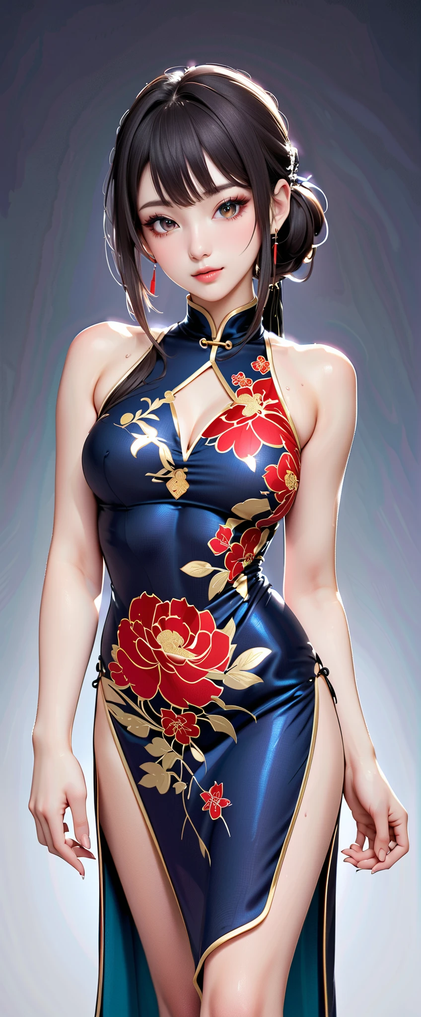 High resolution, Adult female , Good lighting, virile, , (No nudity), (((China dress))), (()), ((())), (garter belt), Abdominal area only, (), , Cute face, I'blush with embarrassment, Humiliating, ((Looking Back)), ((See-through))()(Thong)(A lot of stuff is attached to the body,)
