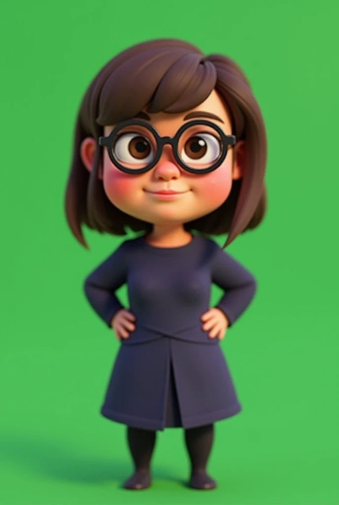 A full body 3D cartoon character. The character is a young woman with fair skin, straight dark brown hair, thick eyebrows, large brown eyes and wears glasses. His expression is neutral, with a calm and composed demeanor.
The character is dressed formally, wearing a black dress with a yellow sash at the waist.
She has her arms crossed. The background of the image is neutral, which highlights the character even more.