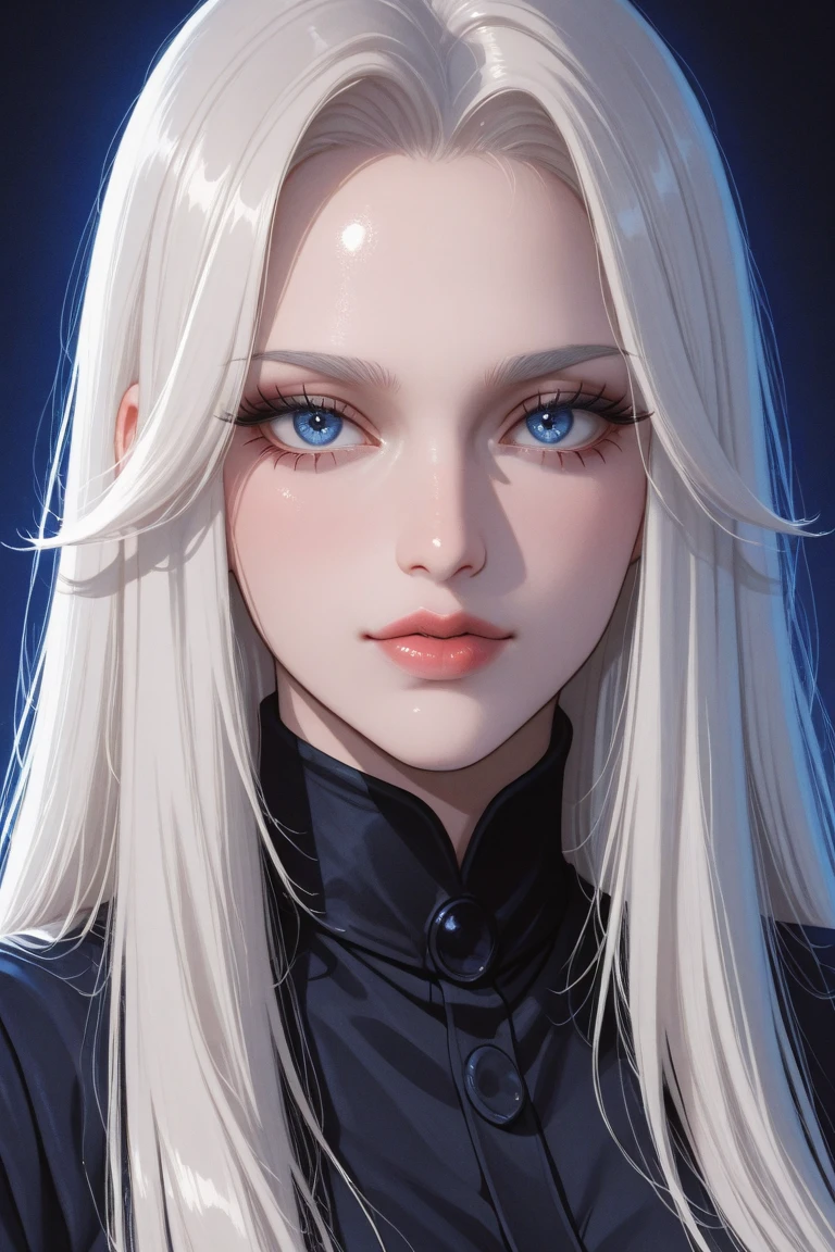 Create an intense, evocative portrait in the Japanese retro anime style of the 80s and 90s. The scene features a feale bathed in deep dark light. The background is stark, with sharp contrasts highlighting the contours of he form. The blue and purple and black palette intensifies the mood, evoking a sense of mystery and allure. Subtle film grain and meticulous shading add depth and texture, emphasizing the emotional gravity of the scene. The lighting creates a chiaroscuro effect, accentuating her expressive pose and the intense atmosphere. Long knee length platinum blonde to white hair with a beautiful blue eyes. Outfit not too reavealing