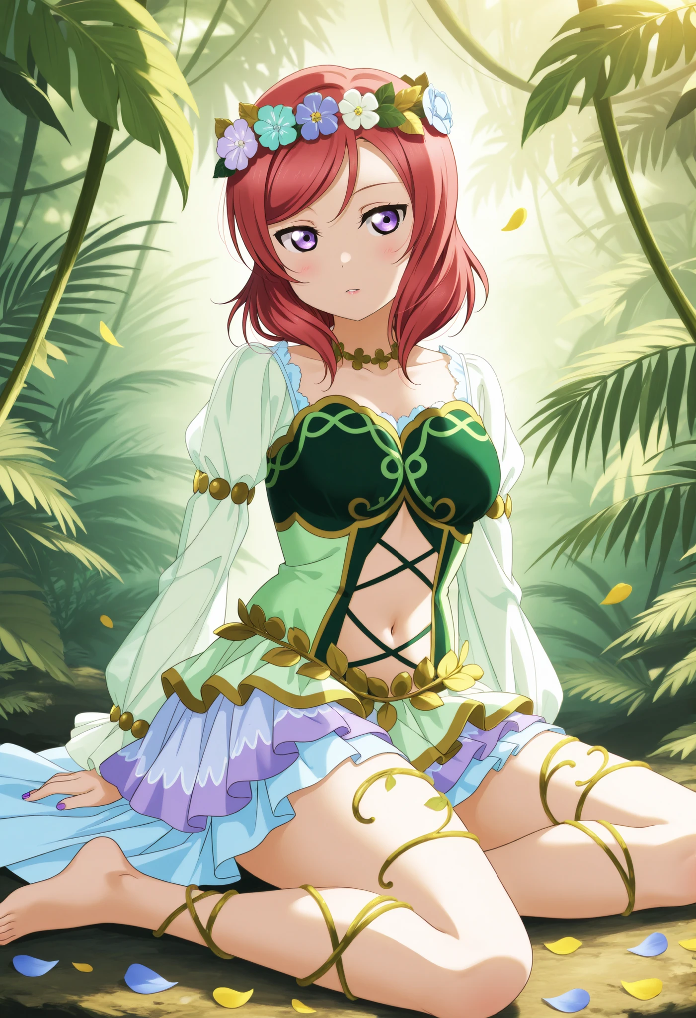 (best quality,4k,8k,highres,masterpiece:1.2), ultra-detailed,(realistic,photorealistic,photo-realistic:1.37),Hoshizora Rin,yellow eyes, orange hair, looking_at_viewer, skirt, navel, cleavage, jewelry, heart, earrings, one_eye_closed, choker, midriff, miniskirt, crop_top, tattoo, crotch, panties exposed,one_side_up, hands_on_hips, ,big breasts,beautiful detailed eyes, extremely detailed eyes and face,longeyelashes,pink blush,looking at viewer,body proportions,cute expression,standing pose,sexy smile,soft colors,feminine,charming,wisteria flowers,cape,glowing light,flower petals, breezy environment,Lovely,HDR,UHD,vivid colors