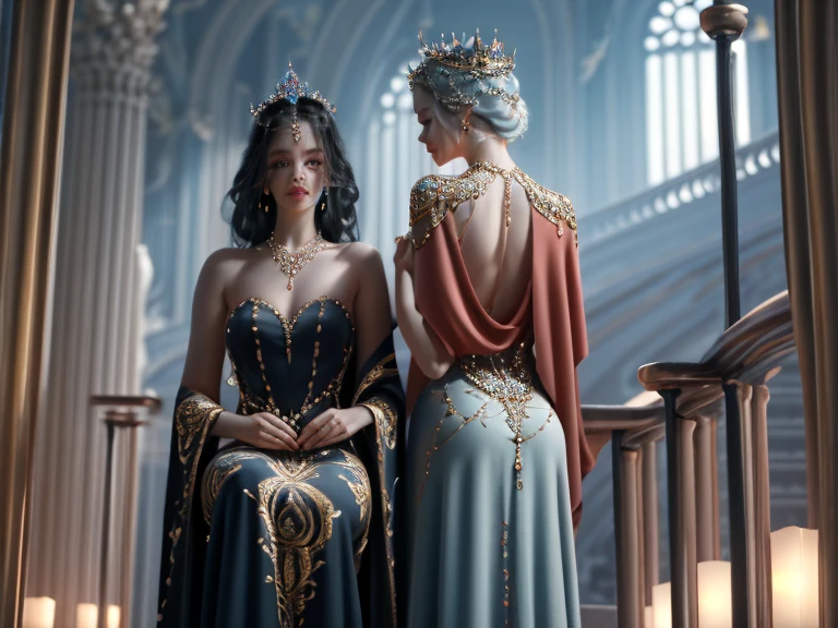 young elf, feminine appearance, royaltly, elf princess, elf sitting on bench in the garden, bad appearance, long black hair and red eyes, youthful face, voluminous breasts, breasts showing, shoulders exposed, black gown, long, thin fabric dress, fleshy thighs, details in gold, ultra realisitic, 4K, realistic scenario, flower garden, body skinny.