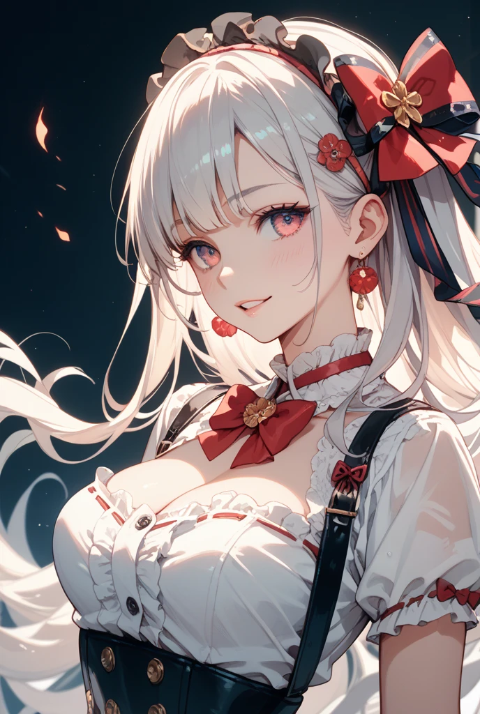 ((masterpiece, maximum quality, ultra quality, ultra high quality, maximum detail, well defined, 8k)), nsfw, 1 girl, ((detailed eyes)), ((bright pupils, heterochromatic pupils, right blue, left red )), long white hair, white cat ears, ((maid)), ((breasts visible, huge breasts, breasts exposed, nipples visible, topless)), serious expression.