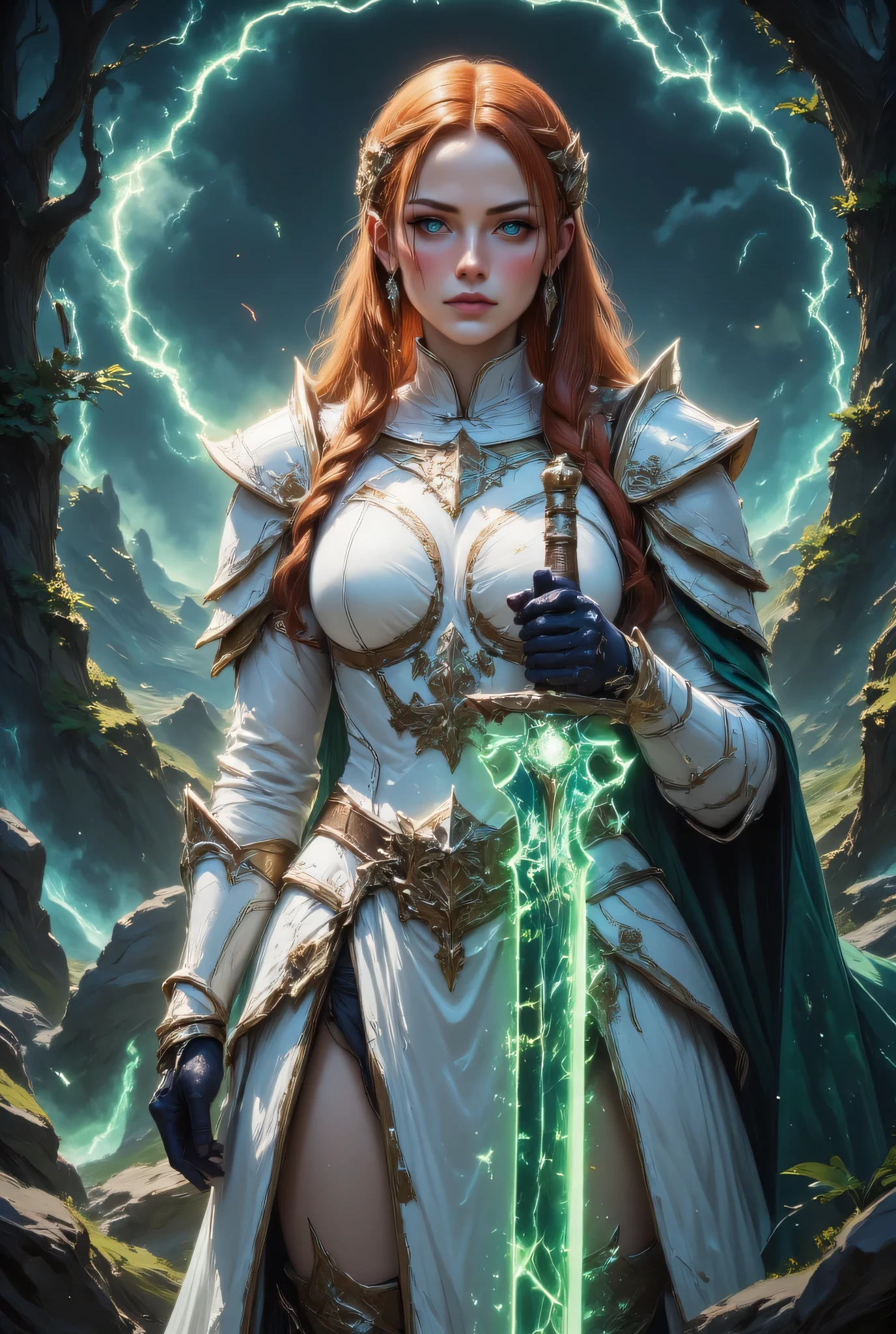 a picture of woman paladin of nature protecting the forest, controlling magical plants, woman holy knight, protector of nature, red hair, long hair, full body, ultra detailed face, red hair, long hair, braided hair, pale skin, blue eyes, intense eyes, wearying heavy armor, white armor, green cloak, flowing cloak, armed with a sword, glowing sword, fantasy forest background, D&D art, RPG art, magical atmosphere magic-fantasy-forest, ultra best realistic, best details, best quality, 16k, [ultra detailed], masterpiece, best quality, (extremely detailed), ultra wide shot, photorealism, depth of field, hyper realistic painting, Cinematic Shot, hyp3rd3tail style, fsstyle