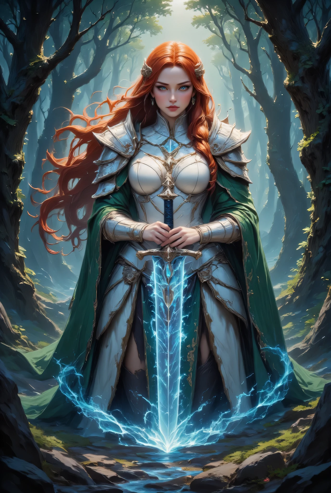 a picture of woman paladin of nature protecting the forest, controlling magical plants, woman holy knight, protector of nature, red hair, long hair, full body, ultra detailed face, red hair, long hair, braided hair, pale skin, blue eyes, intense eyes, wearying heavy armor, white armor, green cloak, flowing cloak, armed with a sword, glowing sword, fantasy forest background, D&D art, RPG art, magical atmosphere magic-fantasy-forest, ultra best realistic, best details, best quality, 16k, [ultra detailed], masterpiece, best quality, (extremely detailed), ultra wide shot, photorealism, depth of field, hyper realistic painting, Cinematic Shot, hyp3rd3tail style, fsstyle