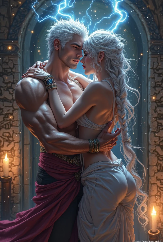 make a young girl low with long white hair, purple eyes, very pale white skin, very beautiful and sexy, half naked, in a mwdieval room from the middle ages, next to her is a man almost twice her size, tall and strong, with white hair and purple eyes, he is very handsome, sexy and hot