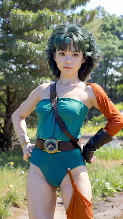masterpiece,highest quality, Unreal Engine, Ultra-high resolution, Very detailed美しい胸, Small breasts, Beautiful cherry-colored areola、Erect nipples、Shaven、1 person, Waist, thin,
heroine,
Circlet, Curly Hair, Green Hair, short hair, Asymmetrical clothing, leotard, belt, One-handed gloves, One sleeve, Single thigh high cave, Holding a sword,, Key Visual, Vibrant、 Very detailed、smile、She is undressed and exposing her breasts、Exposing the genitals、She pulls her leotard aside to show off her private parts、Pushing her leotard aside to expose her breasts!
