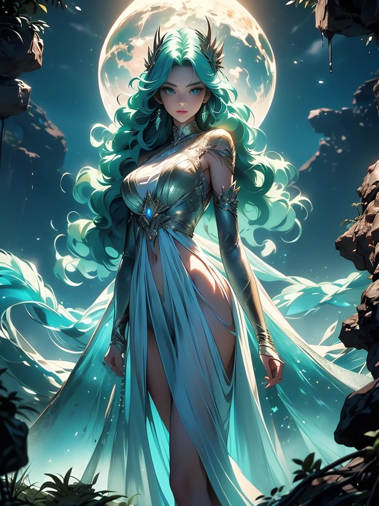 Envision an expansive astral plane, aglow with the soft luminescence of starry greens and yellows, endlessly soaring upward. Central to this celestial scape is a woman of grandeur, with a luminous white body, exuding a sense of profound power and allure. Beautiful face, Beautiful eyes, features prominent glowing attributes, as if gently interfacing with the astral fabric. The lower half of its form transitions into a dark, vaporous essence that drifts behind like a comet's tail, fusing with the astral hues. The portrait is designed to capture the magnificent presence of a being in complete harmony with the cosmos, an incarnation of the surreal and mystical.