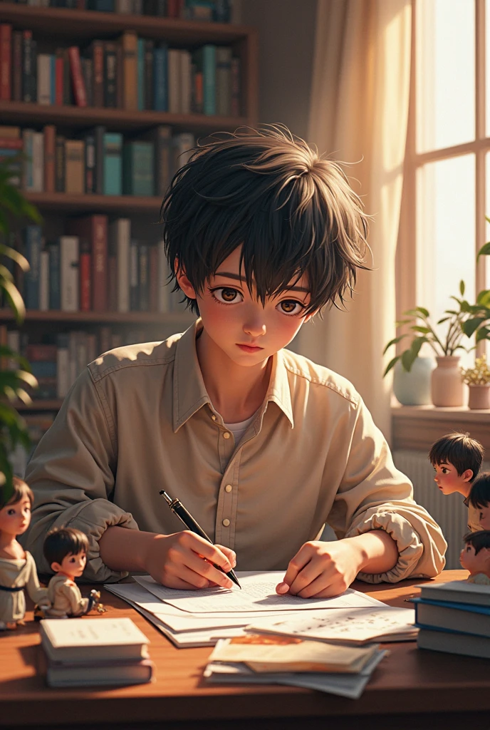 boy sitting at a table with a book and pen in front of him, realistic anime 3 d style, anime realism style, makoto shinkai. digital render, realistic anime artstyle, realistic anime art style, anime realism, artwork in the style of guweiz, realistic cute girl painting, anime. soft lighting, makoto shinkai. octane render