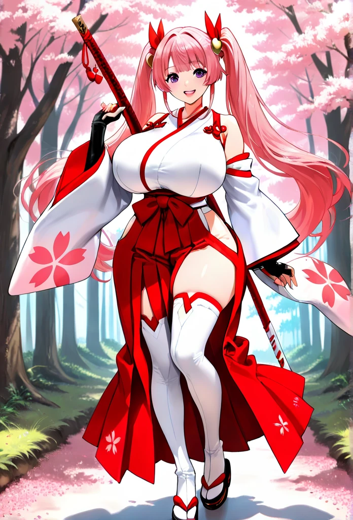 BaikenGGXL, scar on eye, scar across eye, eyepatch, red eye, pink hair, long ponytail, ???????????, (right arm amputee), cleavage, kimono, multicolored kimono, brown sash, red rope, rope belt, bandages, black footwear, toeles footwear, sandals, (solo), standing, looking at viewer, indoors