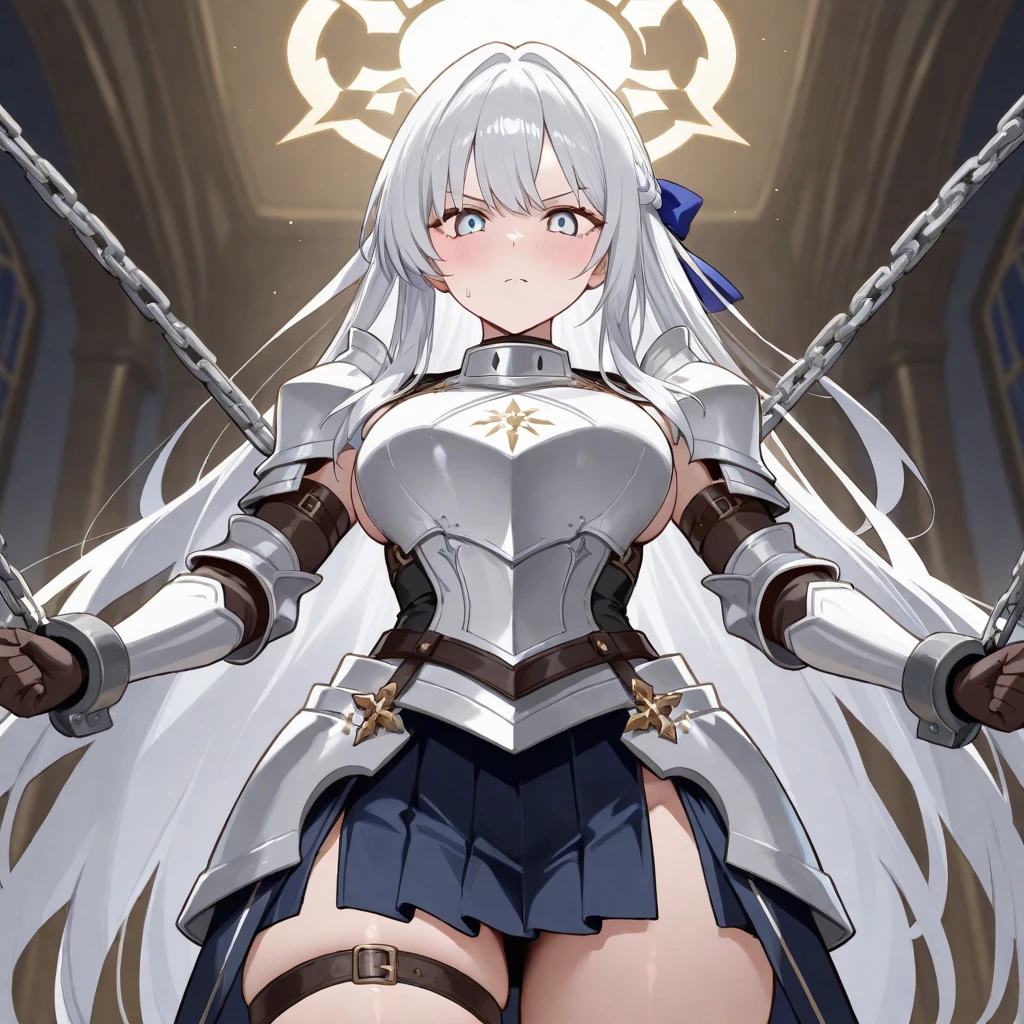 white hair,disgust,looking down on viewer,full body,shibari,bondage,tied up