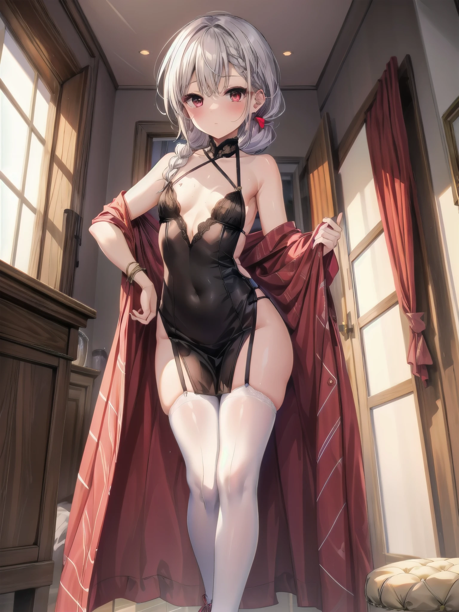 (((SFW、highest quality、first-class、masterpiece、Normal body、8k、Detailed face、Ultra-precision、Normal hand、Normal finger、5Finger、Highest)))、beautiful girl、Silver-white hair、Small breasts、Shortcuts、Wrapping ribbon、Red ribbon、Wrapping ribbons around a nude body、Ribbon Bra、Ribbon Pants、Put your hands behind your back、プレゼントは私♥️、joy、Embarrassed、Modest