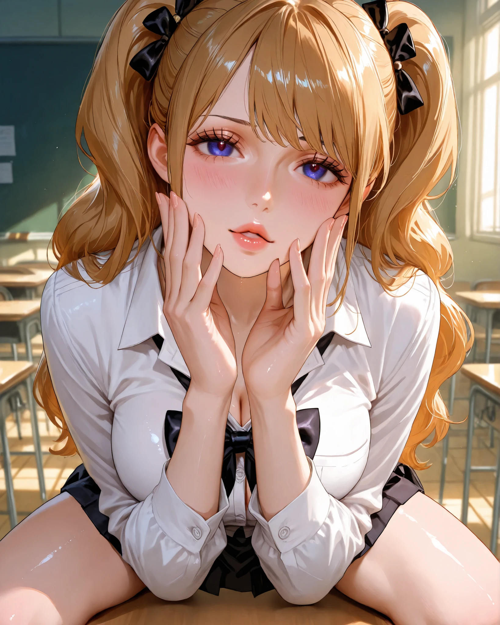 barefoot、barefoot、barefoot、smile、Bright classroom、(((alone))),(((1 Girl))),  beautiful, shape, Highly detailed skin, masterpiece, Highest quality, Highly detailed face, Vibrant colors, Written boundary depth, Cinema Lighting,, One Girl, alone, Straight Long Hair,Black pleated skirt,blush, ((White shirt, Red ribbon、School uniform))masterpiece Highest quality 高解像度、Sit with your knees bent、beautiful足 、On campus、As if looking up from below、((Embarrassing,blush)),White panties,(((White panties)))Thighs、Plump Body、Big Breasts、Gal、(((Open your mouth、Sticking out tongue)))、(((Painful expression)))Wearing a cardigan、