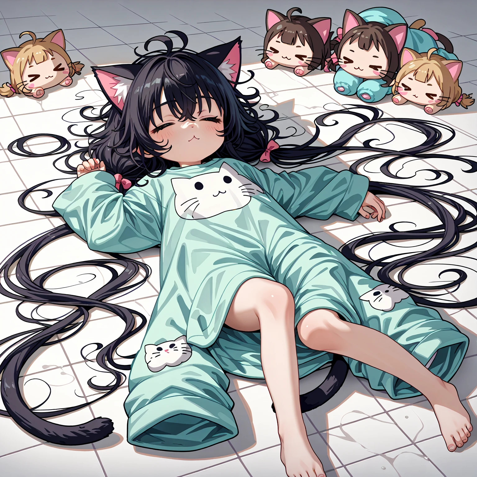 Two girl's lower_body is transformed into slime(Japanese anime style)(with slime tentacles)(scared and crying)(fox ears)(student costume)(on bed)(the room is covered by slime)