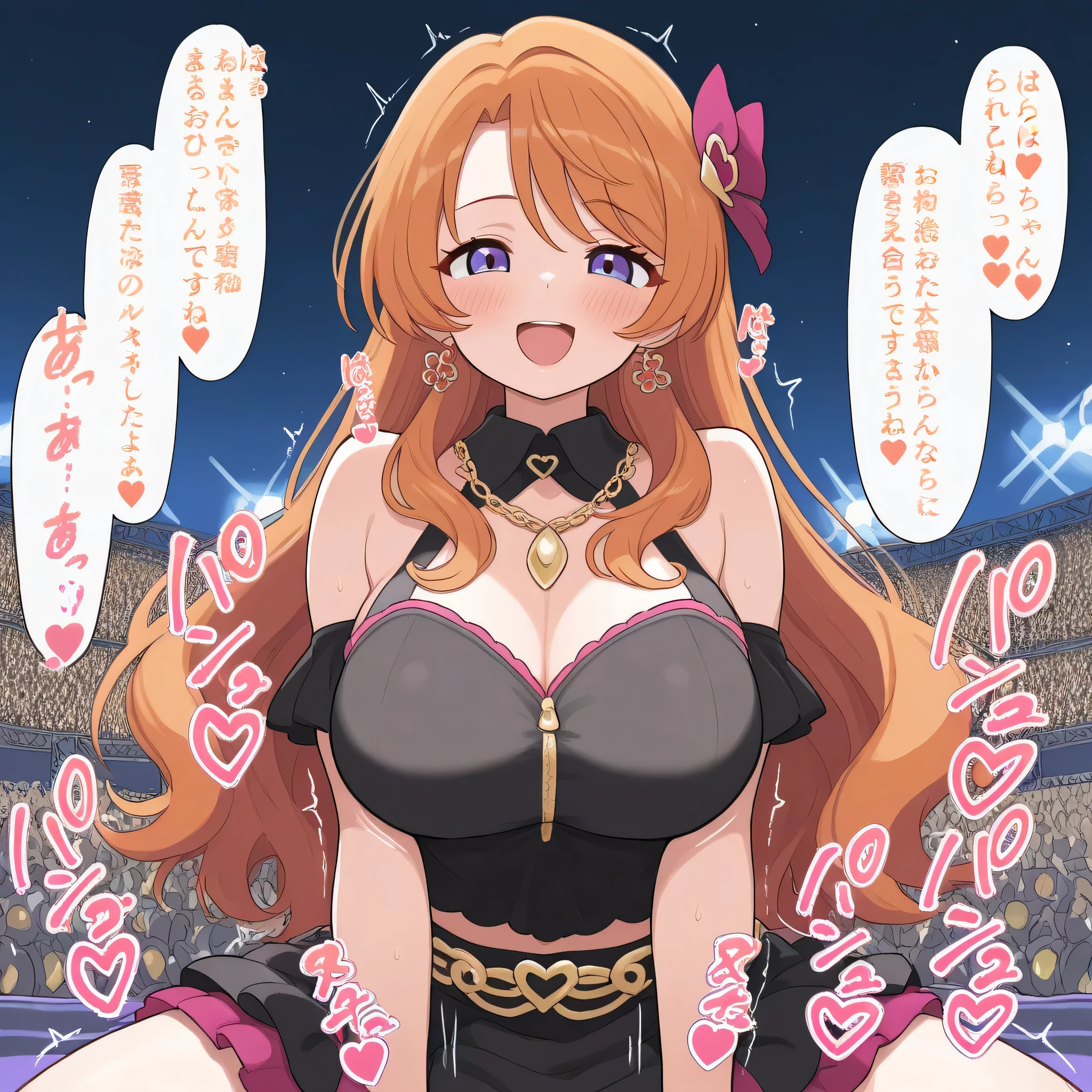 (masterpiece, best quality:1.2), cowboy shot, solo, 1girl, arisugawa natusha, orange hair, long hair, glowing eyes, layered skirt, (dark magical girl), corruption, combatant, pelvic curtain,, looking at viewer, shiny glossy skin, on stage, concert, spotlight