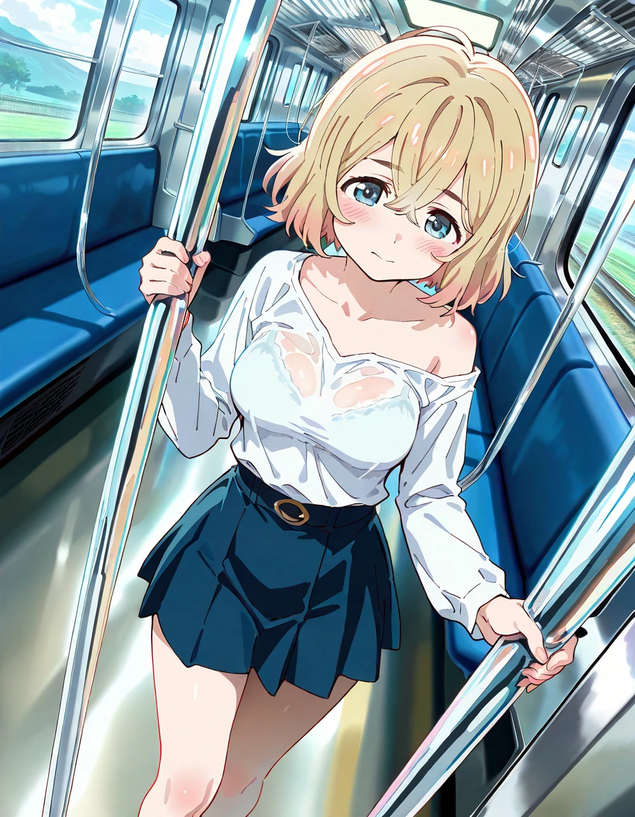 Mogami Moga,Japanese,Modern Girls,Trendy Very Short Hair,Blonde,Naked,Full nudity,smile,Sweaty,Exhibitionism,NSFW,Excited and embarrassed,Young Girl,Small breasts,Lying on your back,Bukkake,Licking a man's dick,on the train