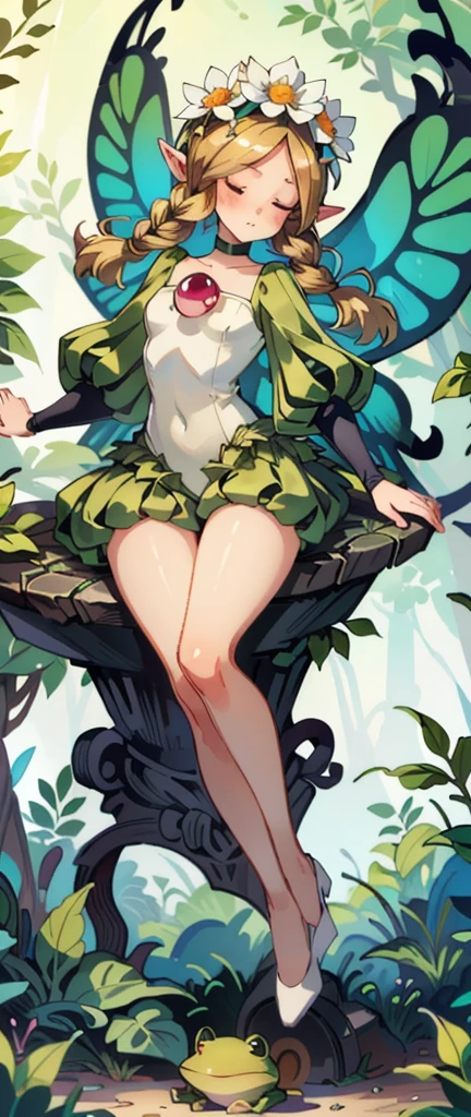 A beautiful princess in a short dress showing her legs sitting on a tree branch 