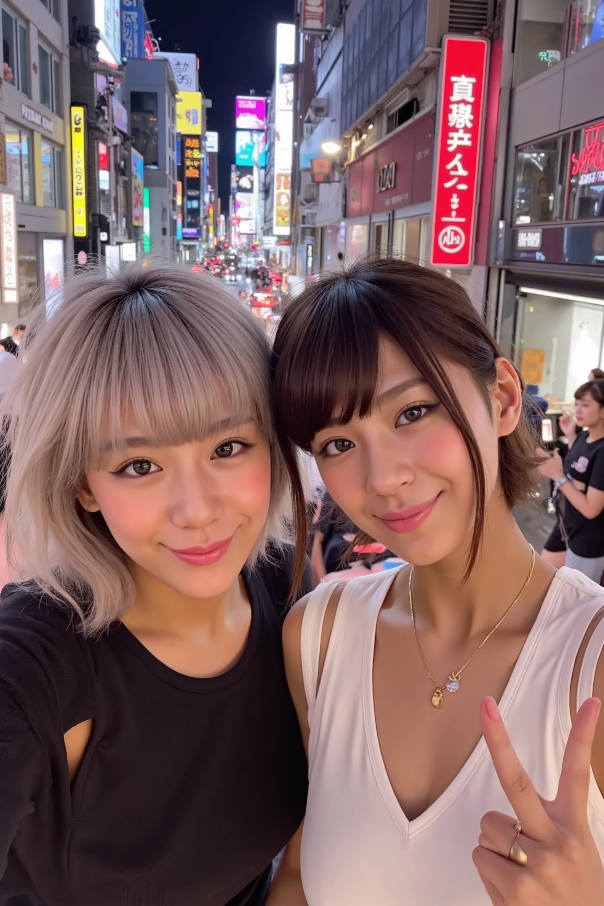 two Japanese kuro gyaru, taking a selfie, bustling Tokyo nightlife, short silver hair, tanned skin, stylish revealing gyaru fashion, winking, peace signs, high-angle shot, iPhone perspective, photorealistic, highly detailed, vibrant neon lights, urban background, night cityscape