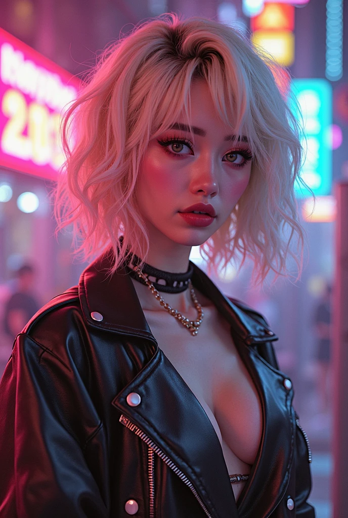 Blonde girl long hair wavy and bangs with glam trashy dark makeup in a cyberpunk city and also a mole in her lips. Shes seductive but she haves a clear skin