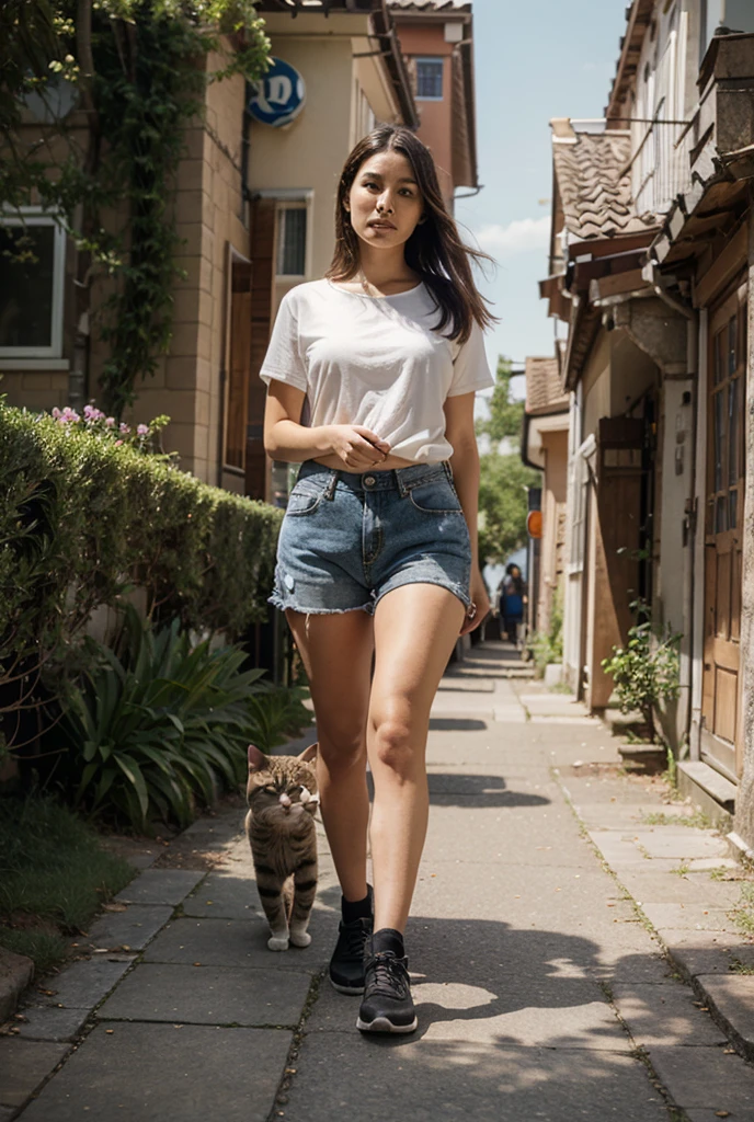 Masterpiece, ((poneyTail)) realist, high resolution, high quality, 4k, cinematic lighting, Stunning brunette, bright blue eyes, smooth black fur, Ripped Skinny Denim Shorts, barefoot, He is wearing a tight white t-shirt, Big and swollen red lips., standing in a hallway.