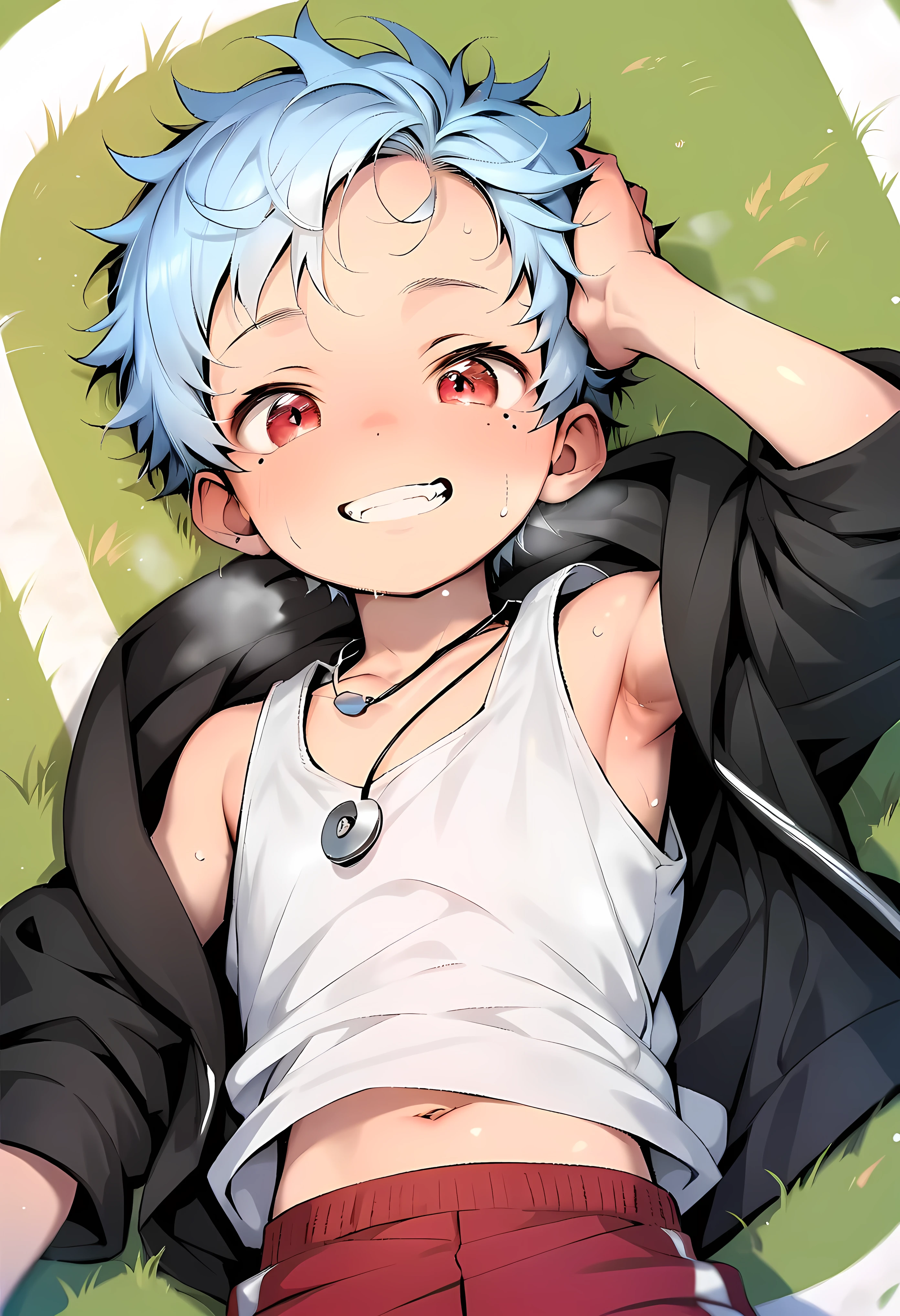 (score_9, score_8_up), (ultra detailed), (8k), (cute face), (detailed eyes:1.3), (shiny eyes), (masterpiece eyes), (1 boy), (shota:1.5), (lying on back:1.4), (lying on ground), (one hand on head:1.2), BREAK (white baggy tank top:1.3), (black hoodie), (particularly opened hoodie), (red shorts), (breathing:1.2), (grin:1.2), (light smile), (short hair), BREAK (light blue hair), (wine red eyes), (eyes with highlight:1.2), (black irises), mole under eye, fang, (five fingers), BREAK (on sports track:1.3), (red brown asphalt), (dusty skin:1.2), (dusty clothes), (sweat hair), (sunbeam), (wind blowing), cinematic lighting, (silver necklace), (collarbone), from above, wide shot,