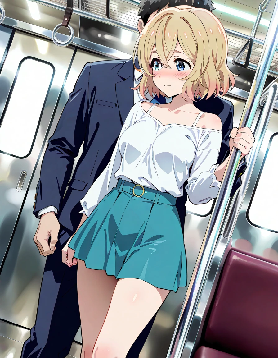 Best Quality, masutepiece, 超A high resolution, (Photorealistic: )hi-school girl、frontageから見る、Loose Socks、a blond、Twin-tailed、bow ribbon、A smile、校服、Blue checked mini skirt、Loose Socks、Sitting on a chair on a bus、legs spread to the left and right、Pink Panties、Loose socks、lowfers、In front of the station、Light blue shirt、White collar shirt。Open the front of the shirt、pink  bra、frontage、put out the tongue