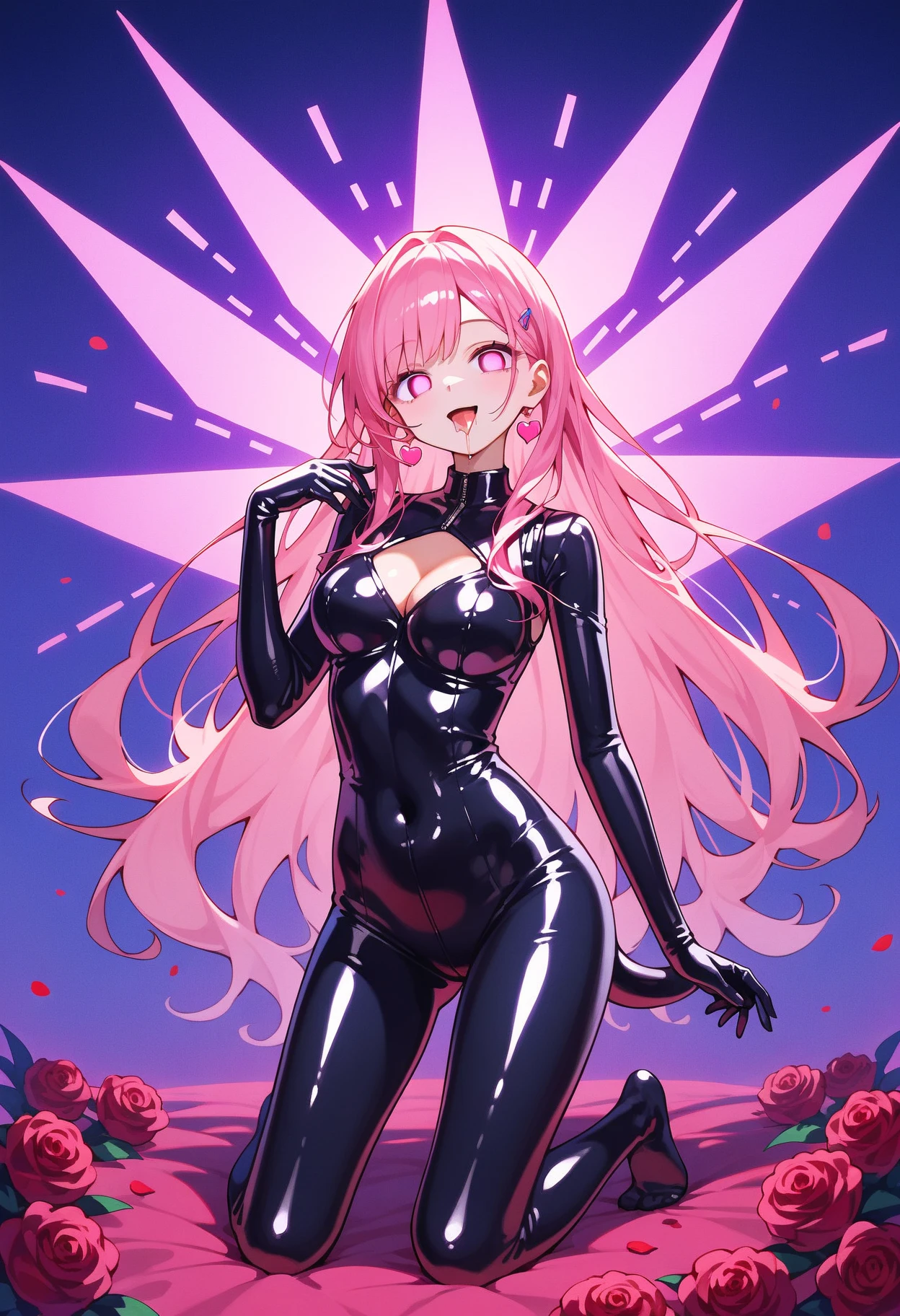 erotic expensive, Big Breasts,Pink Hair、 mature, Married women, Shiny latex rubber suit、turtleneck、邪evilな女戦闘員, Red and black background, heart, Bedroom, Dark Theme, evil, lure, excited, Condescending smile, Sexy pose, Upper Body,
