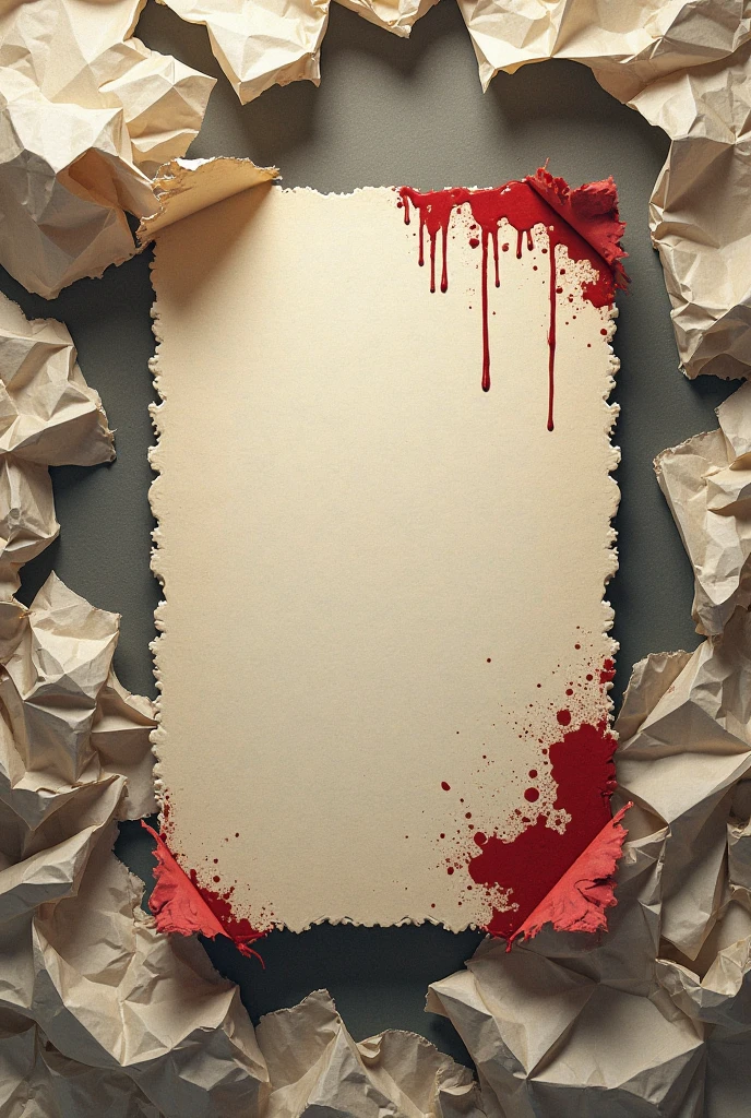 Torn red newspaper stained with blood with hands sticking out of it