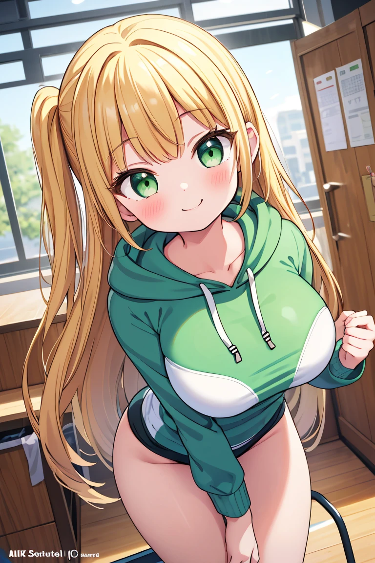 masterpiece, best quality, extremely detailed,(masterpiece:1.2, best quality), (highly detailed), gym locker room, 1girl, 14 yo girl, , long legs, long hair, blonde, (green hoodie, School Swimsuit), standing, Stick one’s tongue out, put her finger on her  cheeks, leaning forward, looking up,  smile, spoken heart, Original Character, Volumetric Lighting, Best Shadows, Shallow Depth of Field, (Highest Quality, Amazing Details:1.25), Brilliant Colorful Paintings (Huge breasts: 1. 2,),,   ,dynamic angle,   ,   dynamic angle,,   ,  , 