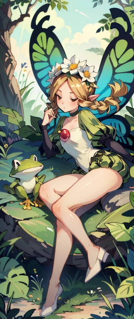 (masterpiece, best quality, highres:1.5)
OdinSphereMercedes, 1girl, long hair, hair ornament, smiling, braid, flower, wings, puffy sleeves, hair flower, sleeping, frog, fairy, butterfly wings, solo, ass, ass focus, below view, bending over, bent over, wide hips, winking, ass grab,