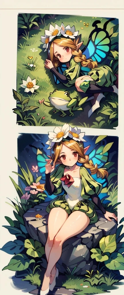 A fantasy setting in a fairy tale world,Gorgeous and delicate painting style,Fine quality illustrations,Starry sky at night,Dream-like light and shadow effects,(1 pokemon), Red hair, Green leaf decoration, Colorful flowers,Ethereal clouds of fairy,Soft warm light,Happy atmosphere in fairy tales。