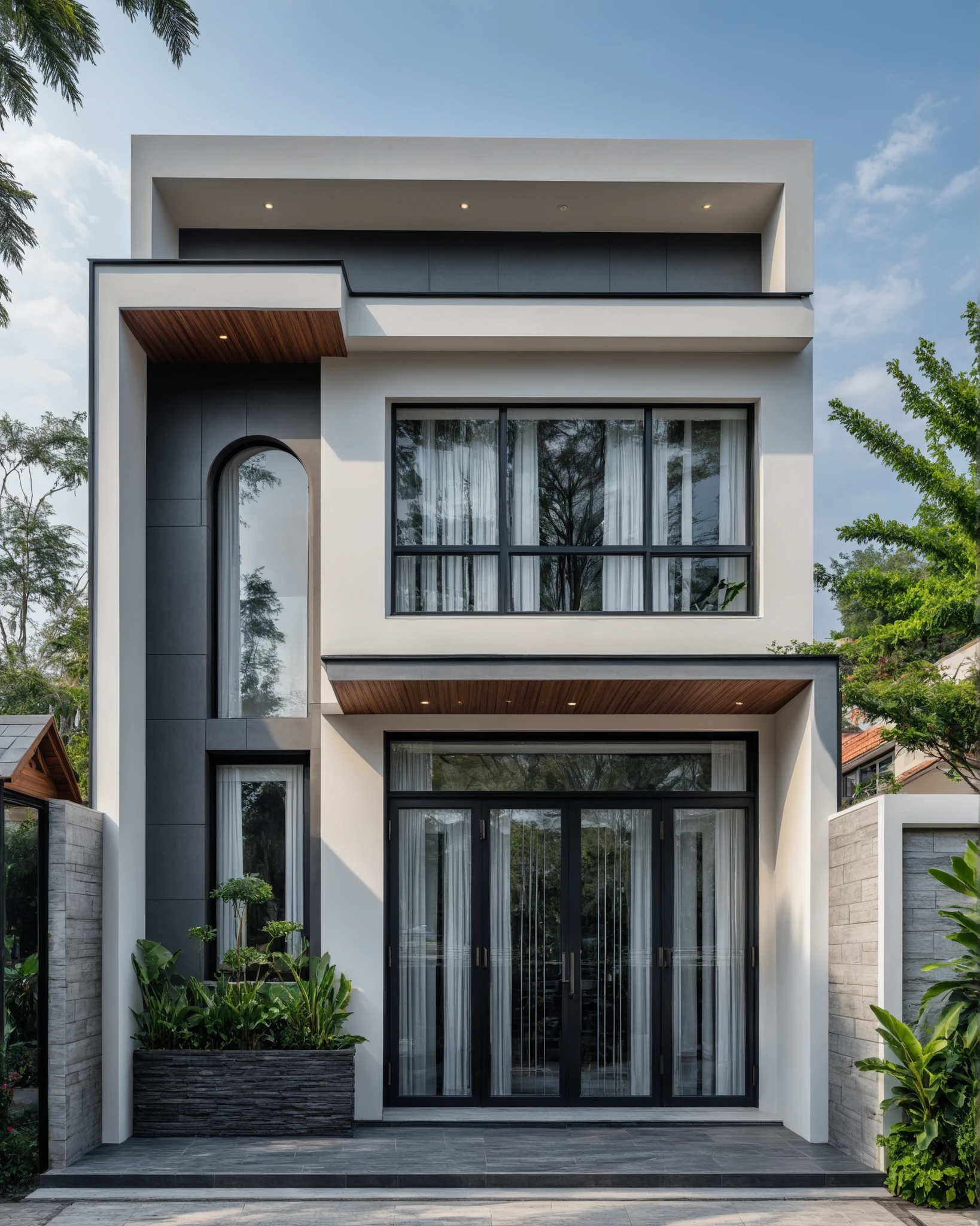 (masterpiece:1.2), best quality, photo of A two-story modern house with white walls and dark tiles on the roof, tree and plant, streetcapes, natural light, The exterior of an elegant single family home features large windows, a dark gray door frame.