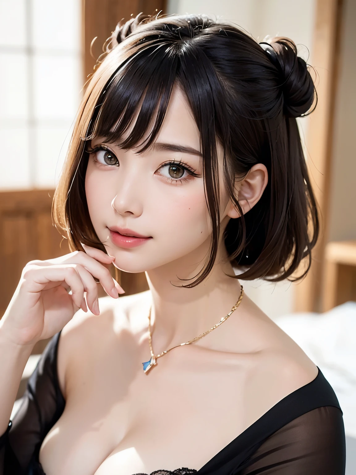 (8k, RAW Photos, Highest quality, masterpiece: 1.2), Super detailed, Super Resolution, (Genuine, Genuine photos: 1.3), Portraiture, High-resolution RAW color photos, Professional photos, とても細かくて美Shii, Very detailed, Amazing details, Large file size, Official Art, beautiful girls,Very detailed目, Very detailed肌, Very elaborate fingers, Very detailed鼻, Very sophisticated mouth, Perfect Anatomy, Detailed Background, Detailed clothing, One Girl, (20:1.2), 20th Generation, Cute girl, Realistic body,White skin, Glowing Skin, The body is slim, Black Hair, (Blunt bangs: 1.2), like々Shii, かわいらShii顔, Realistic Face, ((Fashionable clothes)), (short hair), Earrings, Dynamic Lighting,Small and plump breasts
