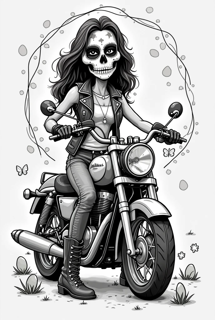 (Black and white doodle style cartoon) Woman with hair with several Medusa-style snakes, hair care, hair with snakes attacking, mexican santa muerte style skull face, leather outfit, moto custom, tattooed