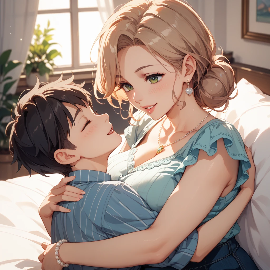 (Mother and little son:1.4), nsfw, Soft and dreamy light, Pale white light, Transparent, 1 female, ((Blonde:1.3), Pixie Cut, Fishtail, Her hair is tied with a red ribbon), Face in perfect detail, Perfectly detailed by hand, (Green Eyes), Parted bangs, (Large Breasts, cleavage:1.2), Charm,Beauty, Long eyelashes, masterpiece, Absurd, Highest quality ,Intricate details , (Shiny skin, Shiny body, Shiny Hair), Adult , Earrings, lift skirt, show off pussy, embarrassed, tomboy, blush, looking at view, troubled eyebrow, , (1boy, , 8 years olired boy:1.3), (Woman is wearing lace shirt:1.2), looking down, looking away, open mouth, (pussy juice:1.2), spoken heart, wet sweat, dripping, window, spread legs, Mother and son are sitting next to each other on the sofa, Boy looking at woman, living room, sofa, smile, They are holding hands