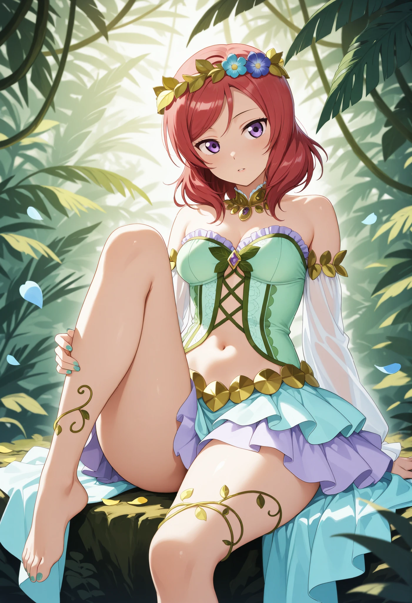 (best quality,4k,8k,highres,masterpiece:1.2),ultra-detailed,(realistic,photorealistic,photo-realistic:1.37),Hoshizora Rin,yellow eyes, orange hair, solo,strapless leotard,big breasts,beautiful detailed eyes, arms behind back,extremely detailed eyes and face,longeyelashes,pink blush,looking at viewer,body proportions,cute expression,standing pose,sexy smile,soft colors,feminine,charming,wisteria flowers,cape,glowing light,flower petals, breezy environment,Lovely,HDR,UHD,vivid colors