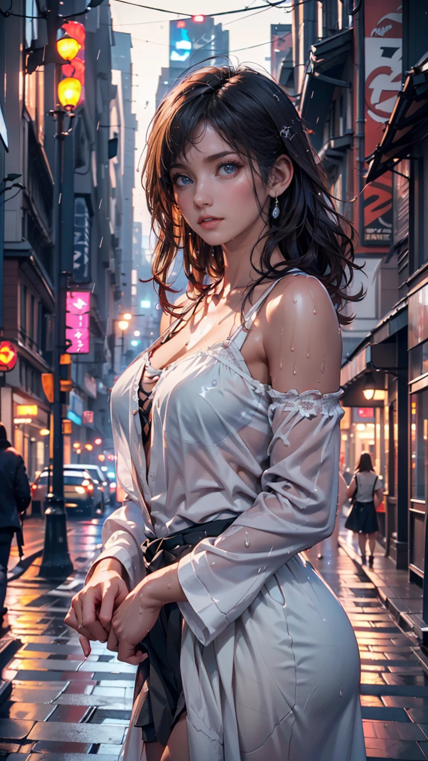 ((Best Quality, 8k, Masterpiece:1.3)), Focus:1.2, Perfect Body Beauty:1.4, Buttocks:1.2, ((Layered Haircut, Breasts:1.2)), (Wet Clothes:1.1) , (Rain, Street:1.3), Bandeau Dress: 1.1, Highly Detailed Face and Skin Texture, Fine Eyes, Double Eyelids, Whitened Skin, Long Hair, (Shut Up: 1.3)