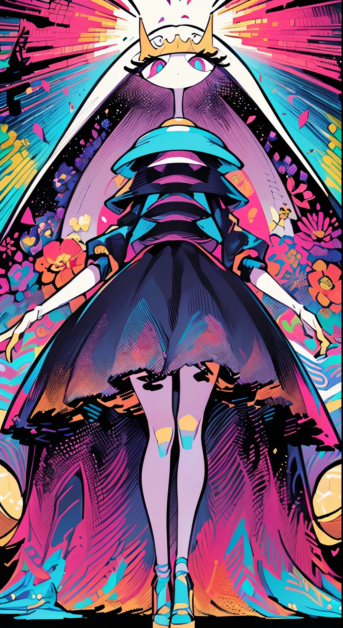 (in style of Takashi Murakami:1.0), beatiful face, feet,best quality,tonemapping, sharp focus, hyper detailed,(pheromosa),best quality,beautiful,pokemon,(2 fingers),(Clear eyes),solo,detaileds,8K,(slender:1.3),wallpaper,jumping kick,(Colorful flowers background:1.4), (pheromosa:1.0), intricate digital painting, highly intricate and colorful, dark but detailed digital art, Highly detailed symmetry, detailed digital artwork, Symmetrical intricate details, plethora of colors,colorful intricate masterpiece,Sticker style,flower painted body, (cel anime:1.3)