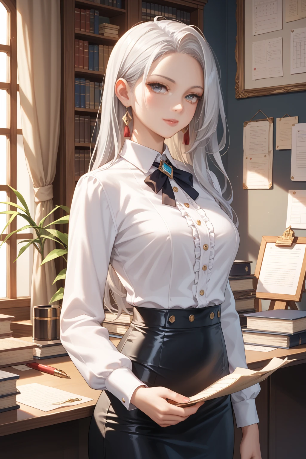 photorealistic, high resolution, 1 women, solo, hips_up, hips up, beautiful eyes, look at viewer, close lips, detailed face, white hair, long hair, collared shirt, black necktie,black skirt, pencil skirt, fur coat, stockings, library