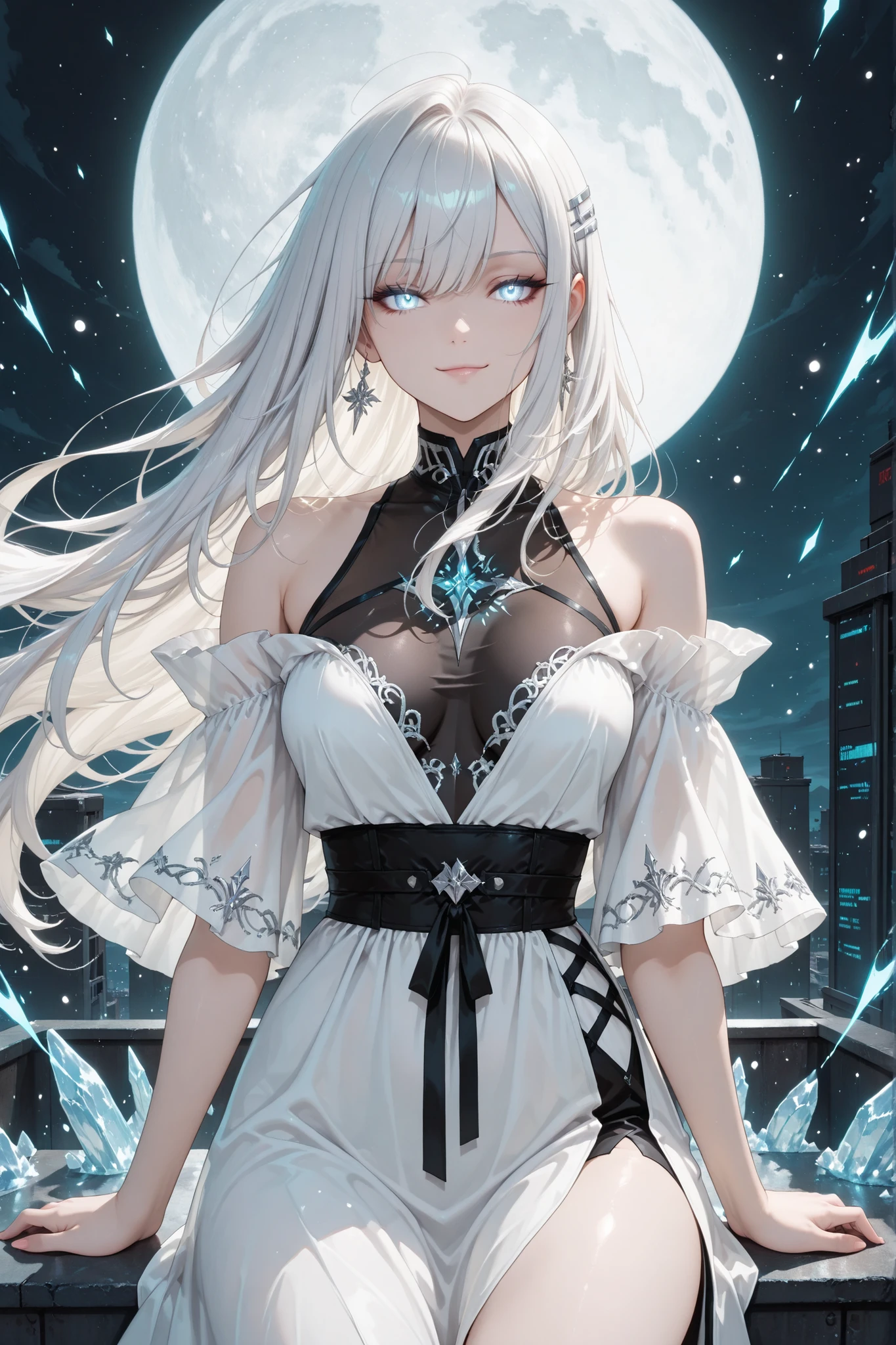 ((masterpiece, best quality, anime style, ultra-detailed)), (1girl, solo, human), (young female, age 18–20, elegant lean build, glowing white human eyes:1.6, cold confident smirk, emotionless stare, fair skin), (long flowing white hair:1.6, wind-blown, layered and radiant like moonlight), (white futuristic streetwear-inspired dress:1.5, sleek asymmetrical design, subtle tactical lines, high-slit or layered lower half, glowing seams, minimal off-shoulder detail), (half-body front view, upright and poised posture, face and shoulders clearly visible, eyes locked on viewer), (large glowing silver moon behind her:1.6, casting cold lunar light, soft frost shimmer trailing into air), (background: night battlefield ledge or rooftop, icy mist, faint darkness, silver glyph particles dissolving into shadows), (color palette: pure white, silver, ice gray, soft shadow blue), (vibe: quiet frostbite, moonlit death, silver shadow sovereign)