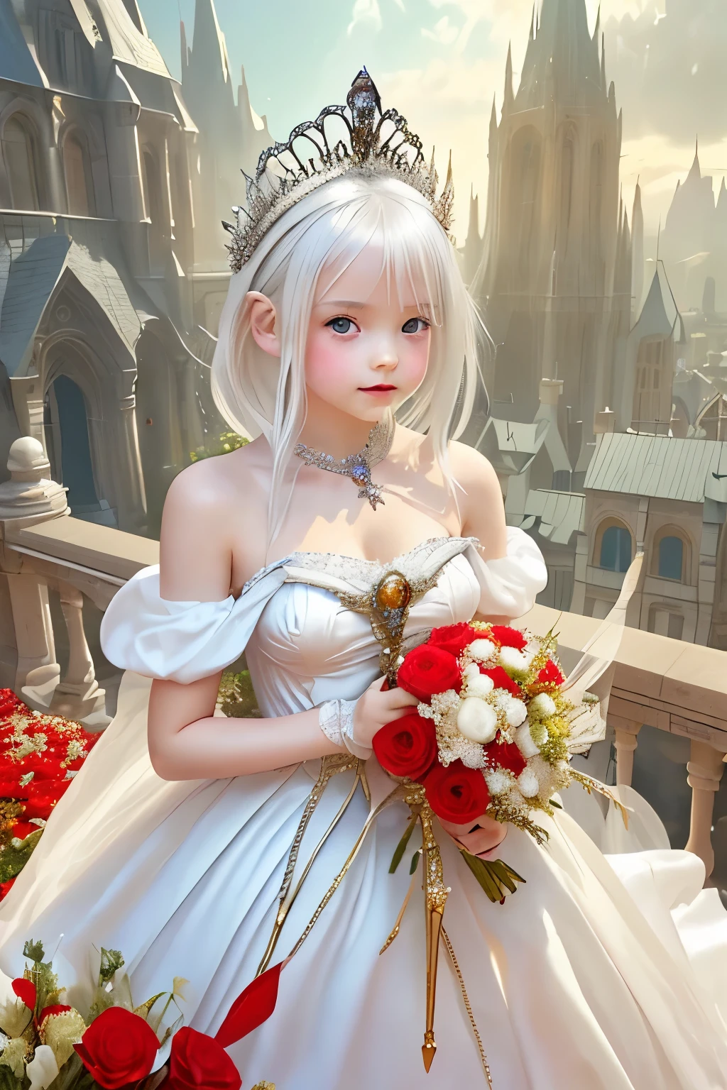 Little young girl, white hair,cute,fantasy,  gorgeous white dress  ,tiara,red carpet,city,princess,young girl,Asahi,upper body,people,bouquet