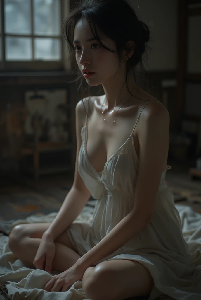 Best quality, masterpiece, ultra high res, (photorealistic:1.4), raw photo, (Authentic skin texture:1.3), (film grain:1.3), panorama, character portrait, very wide shot, narrow waist, cowboy shot, (in the dark, deep shadow, low key, cold light,) night, close-up,
indoor, dust, Tyndall effect, sad, disappointed, gloom (expression), sitting, (against wall), crying, frown, (head bowed), nervous, tearing up, lonely,
1girl, beautiful detailed eyes and face, white jabot, off shoulder, brown eyes,