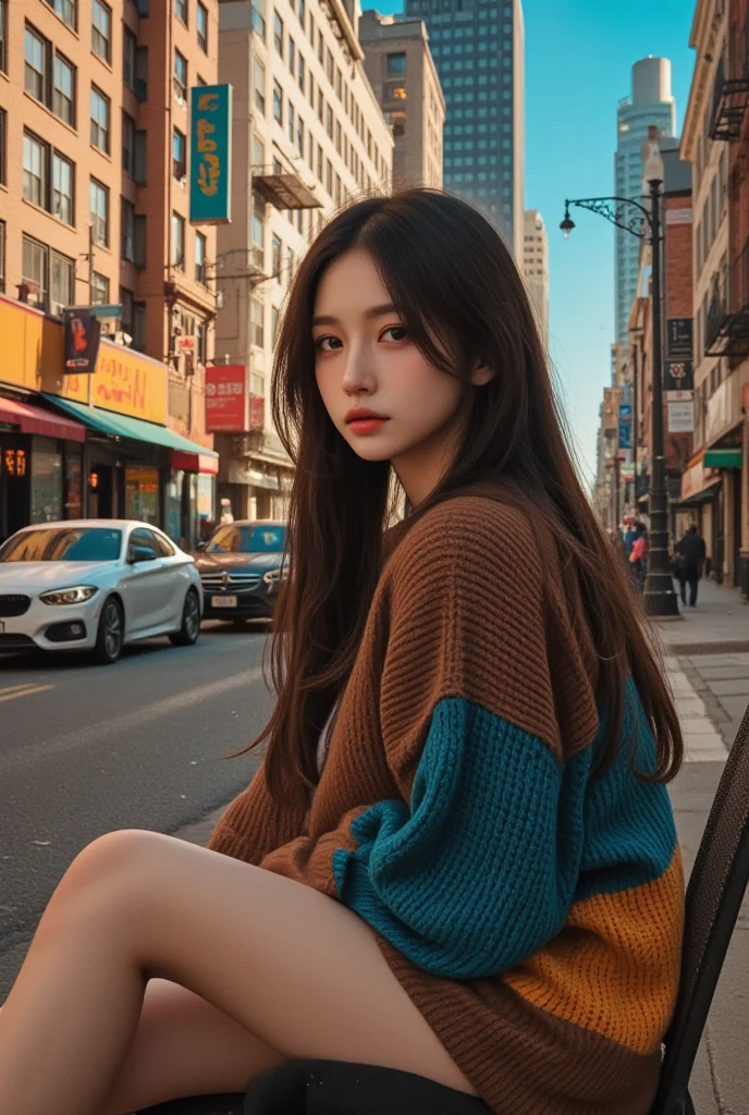 1girl,Wearing colorful dresses,(((Bottom view))),athletic sneakers,Shallow space,Urban architectural background,Sit Pose,Best quality, Masterpiece, 8K,depth of fields