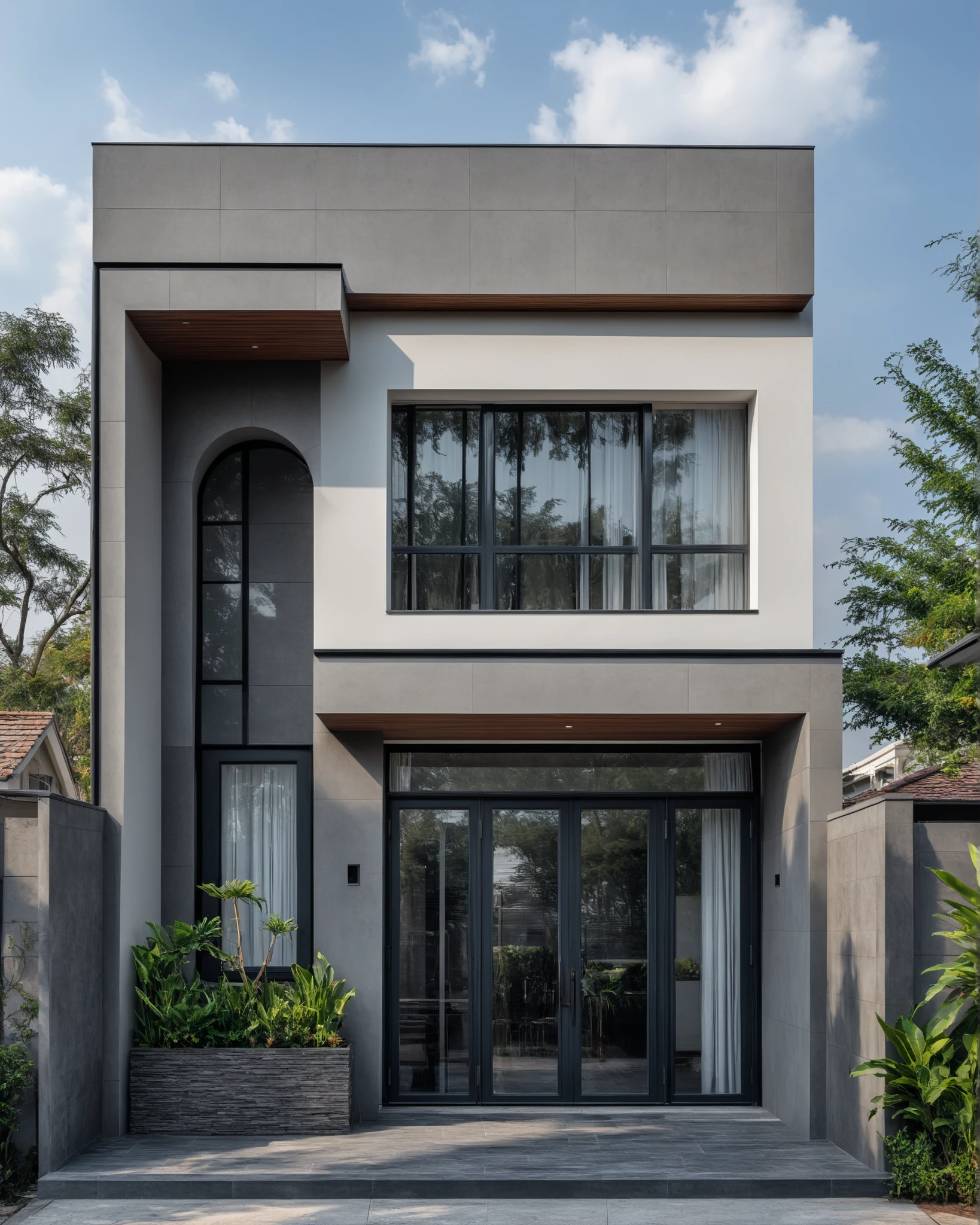 (masterpiece:1.2), best quality, photo of A two-story modern house with white walls and dark tiles on the roof, tree and plant, streetcapes, natural light, The exterior of an elegant single family home features large windows, a dark gray door frame.